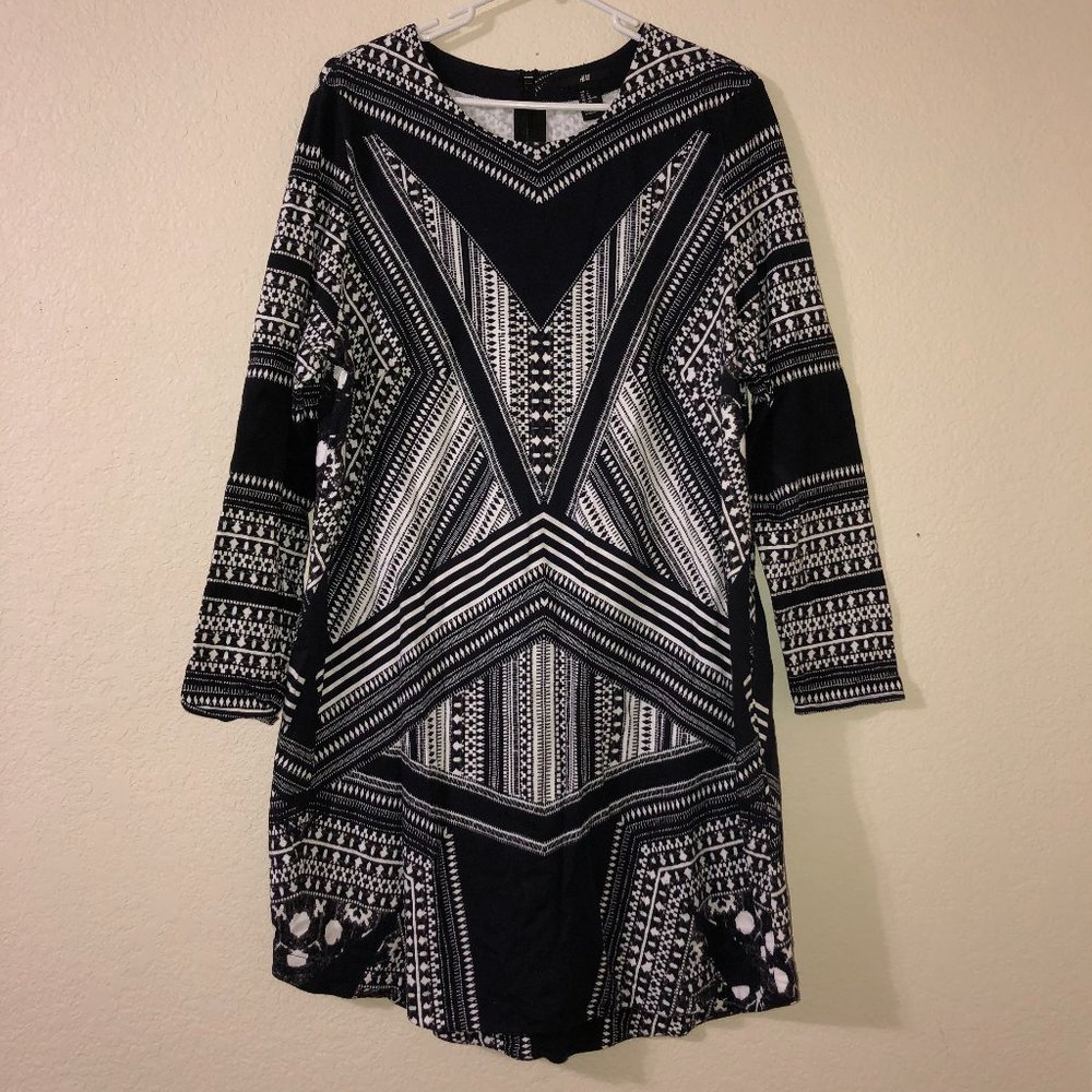 H&M Black White Geometric Boho Tunic Dress XL